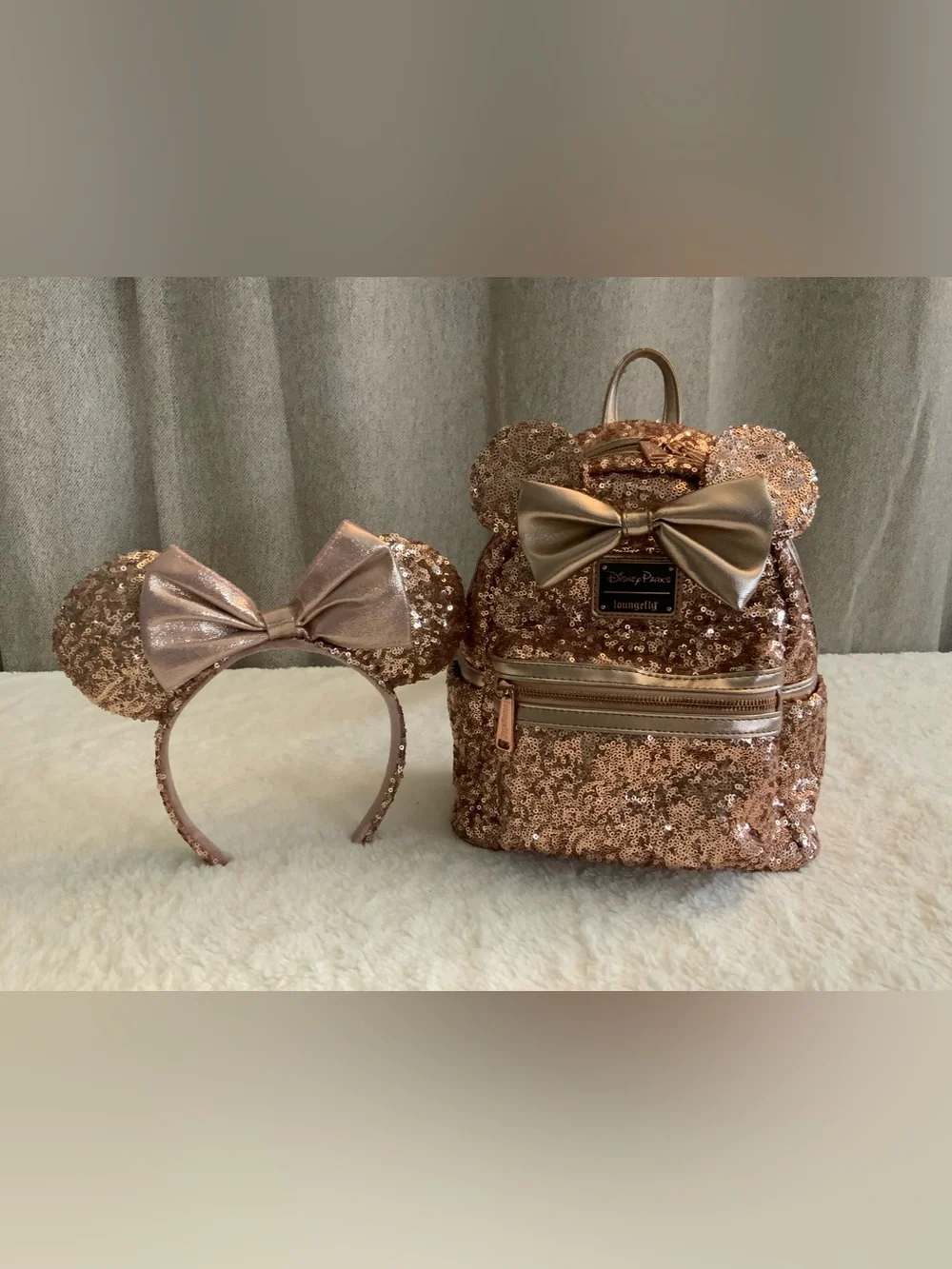 Loungefly Rose Gold Sequin Mini Backpack with Matching Ears
